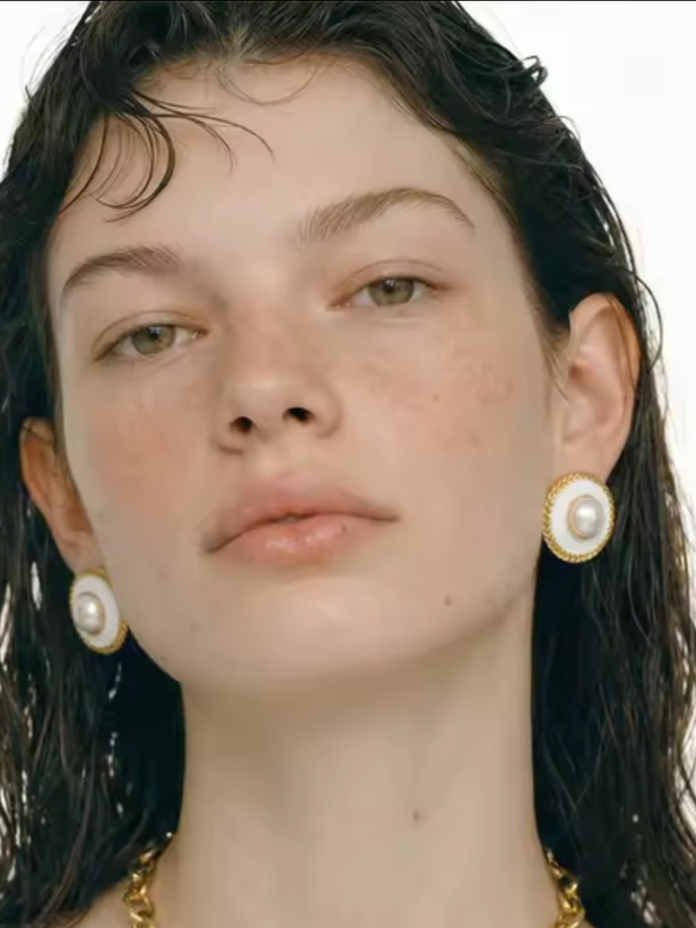 White Pearl Gold Button Earrings - Picture 7 of 9